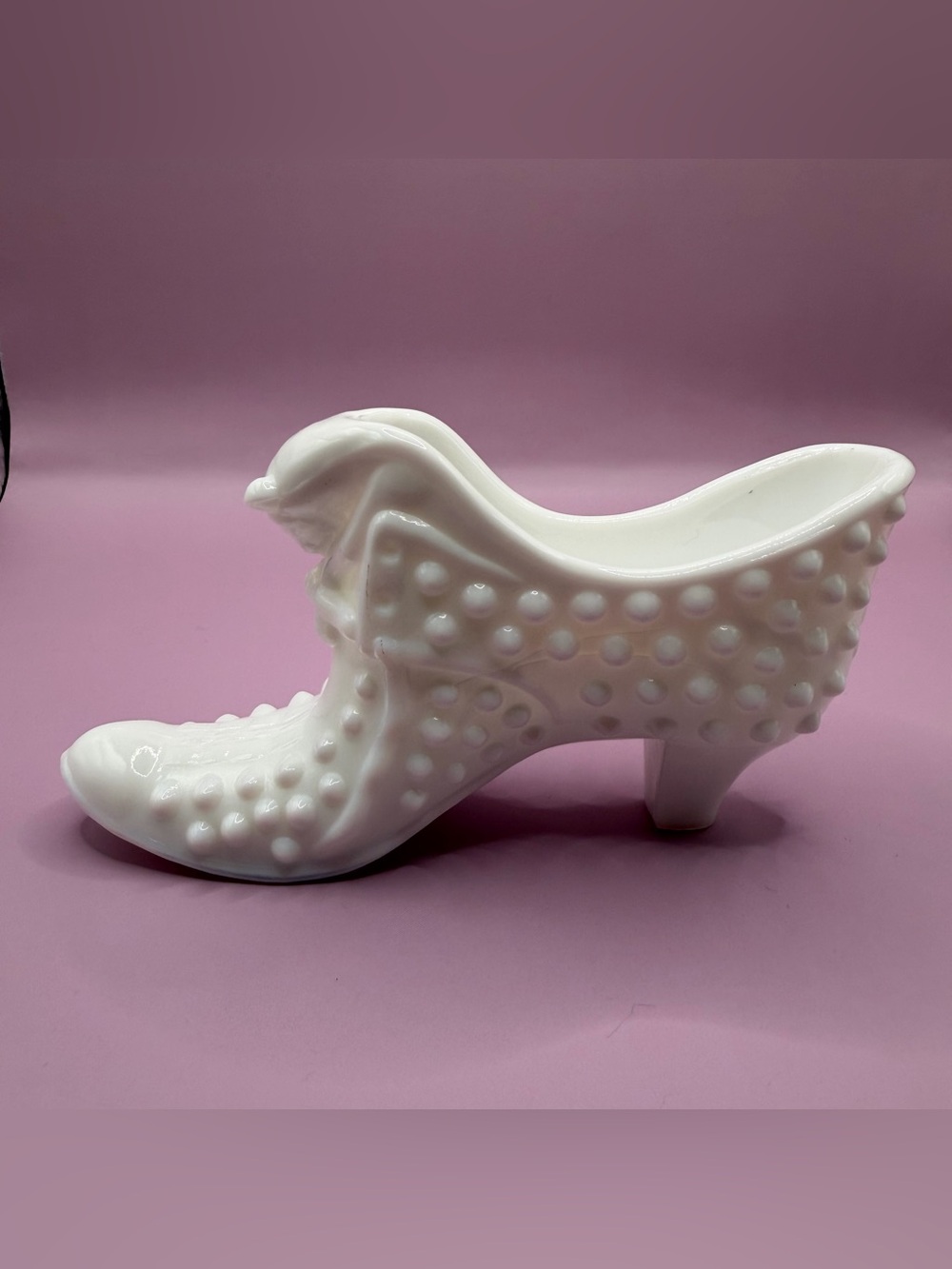 Vintage Fenton White Milk Glass Hobnail Cat Head Slipper Figurine